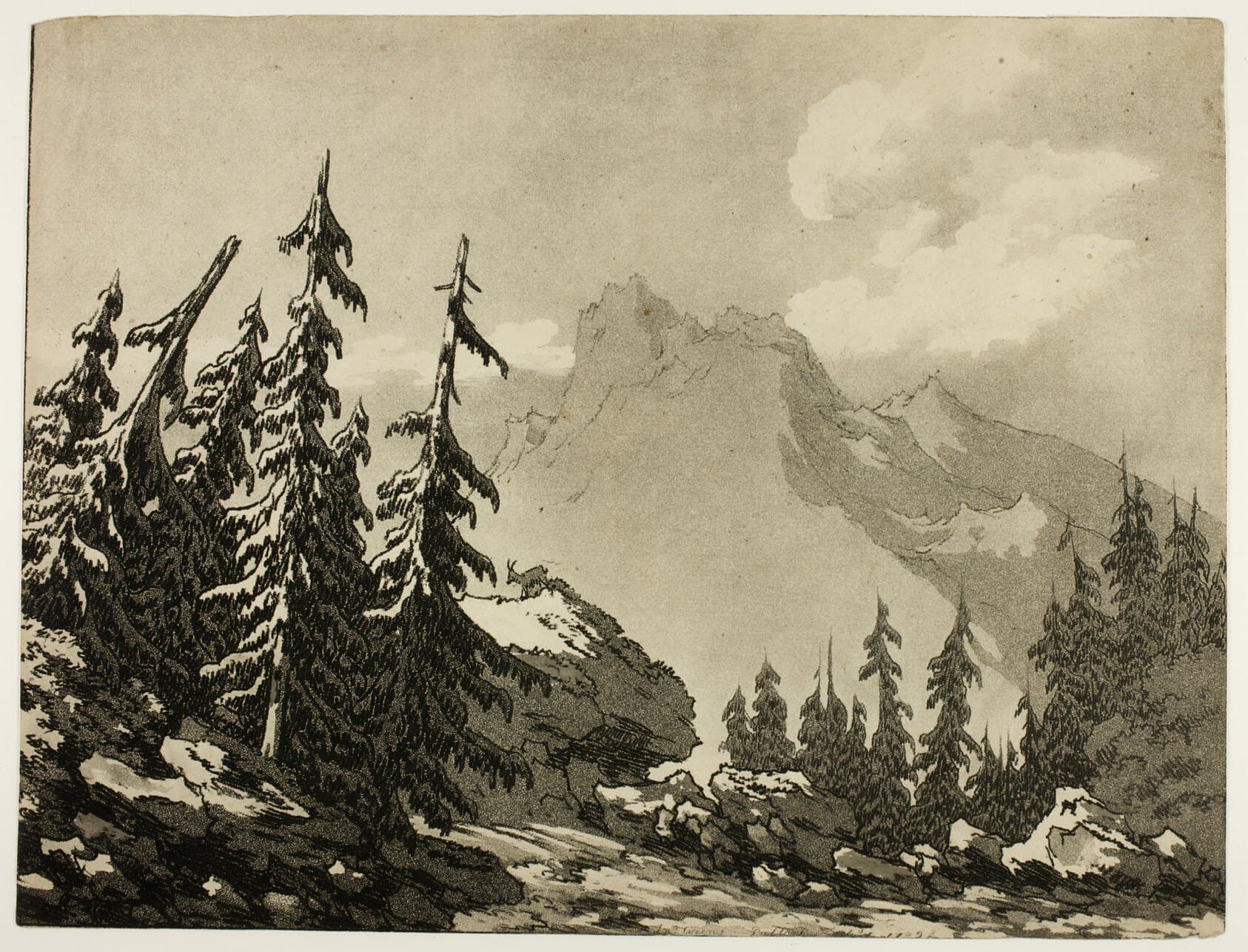 Pine Trees in the Mountains, by John Robert Cozens: dark pines on a rocky slope below a pale mountain peak